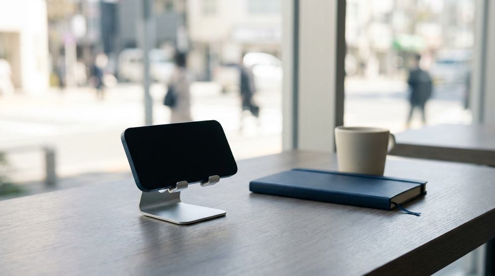 カフェのテーブルに立てたスマートフォンとノート