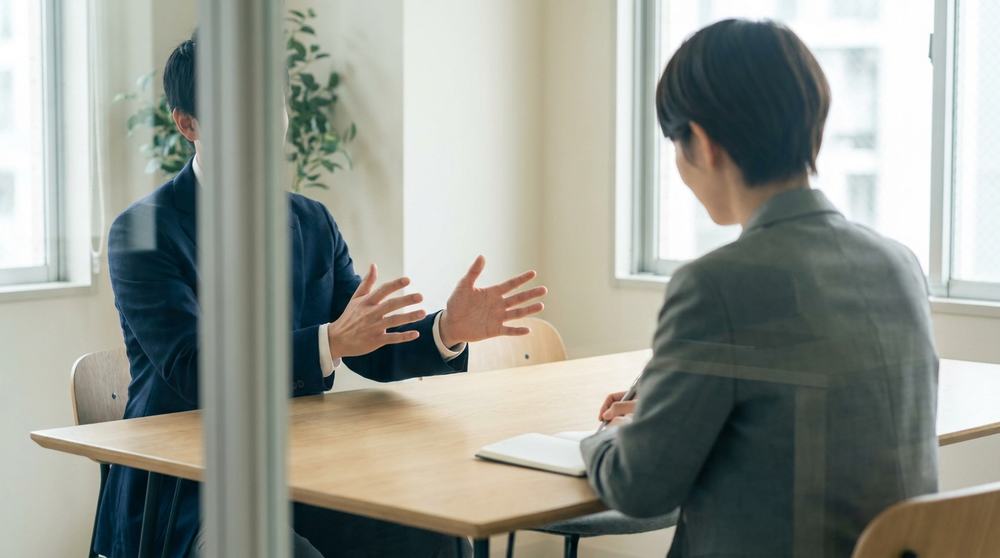 身振りを交えて話す相談者と、メモを取りながら聞く担当者