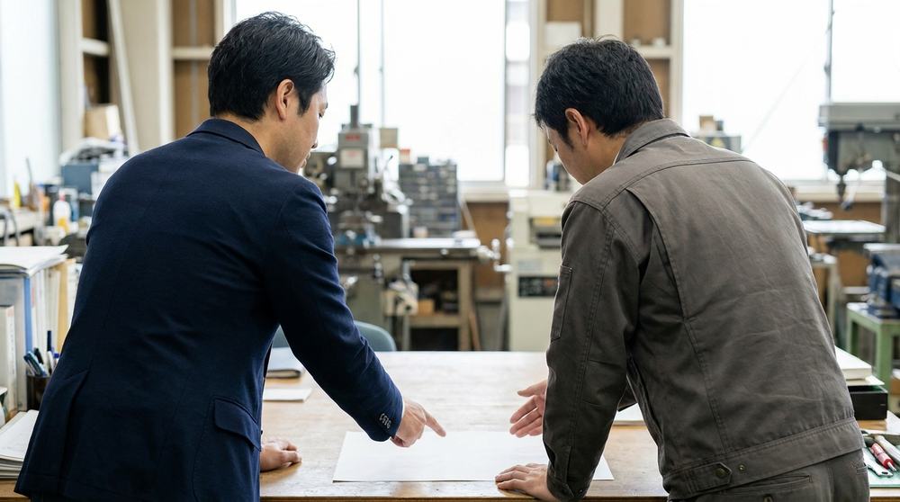 工場の事務所で図面を広げて話し合う担当者と経営者