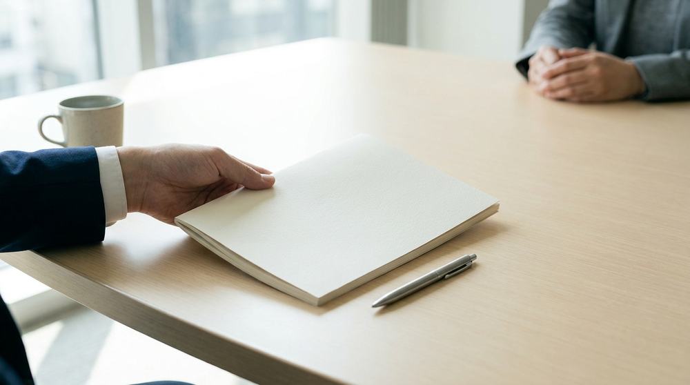 テーブル越しに提案書を差し出す手元