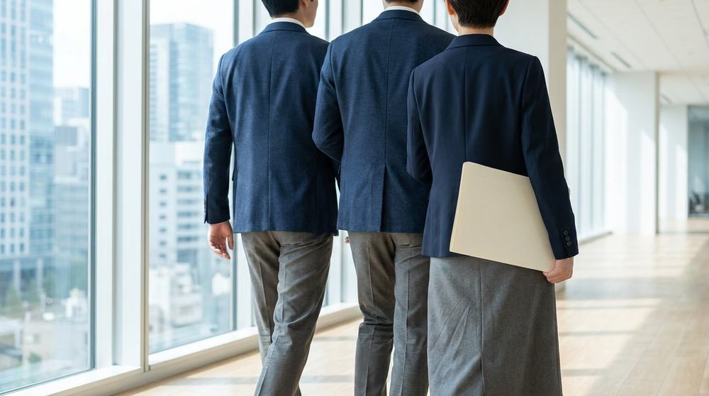 明るい廊下を並んで歩く二人の後ろ姿