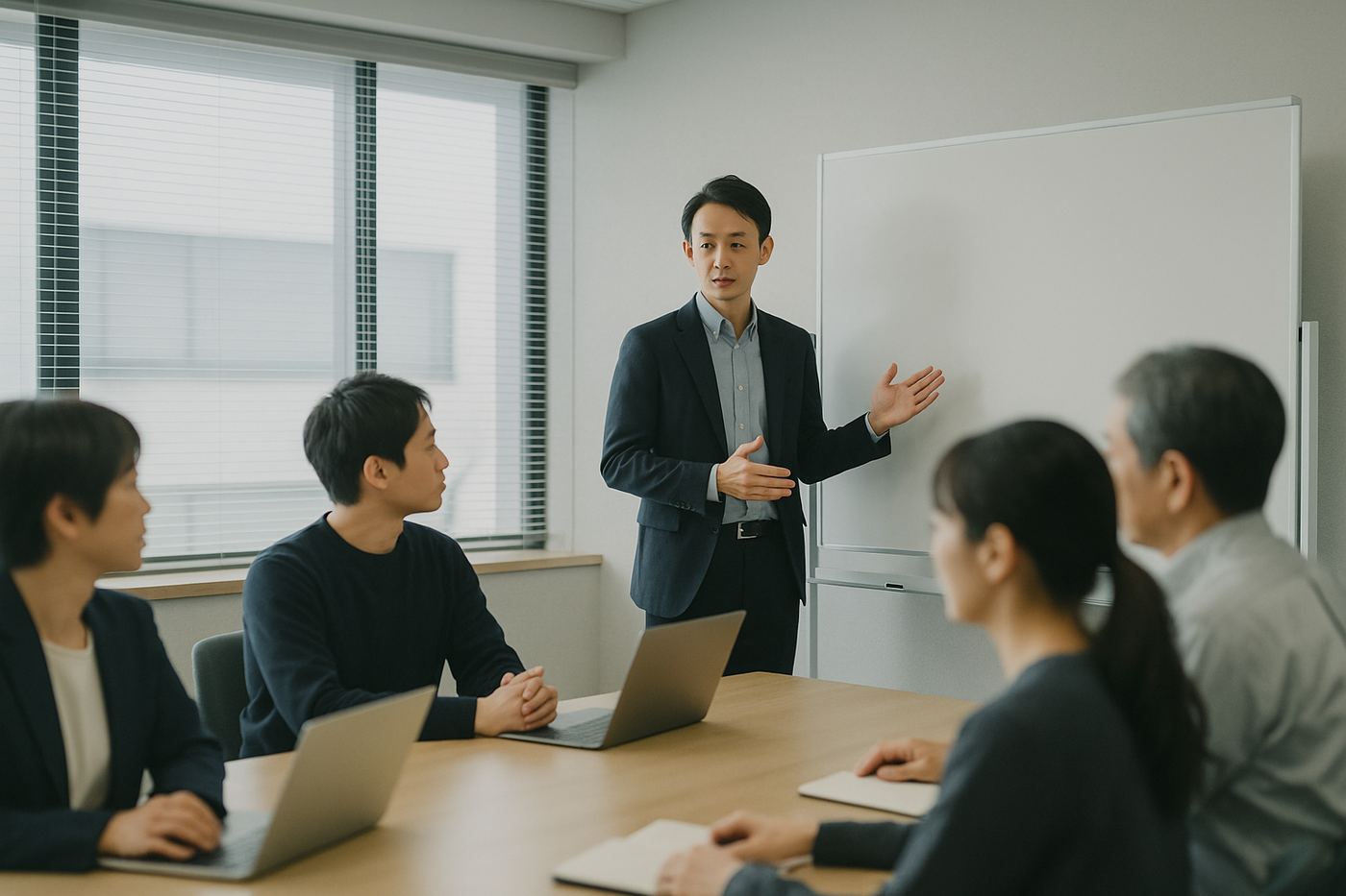 社内研修で説明する講師と聞き入る社員たち