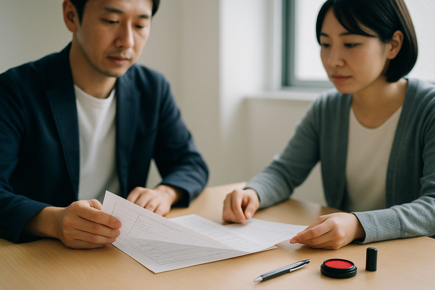設立書類を前に打ち合わせる経営者と担当者